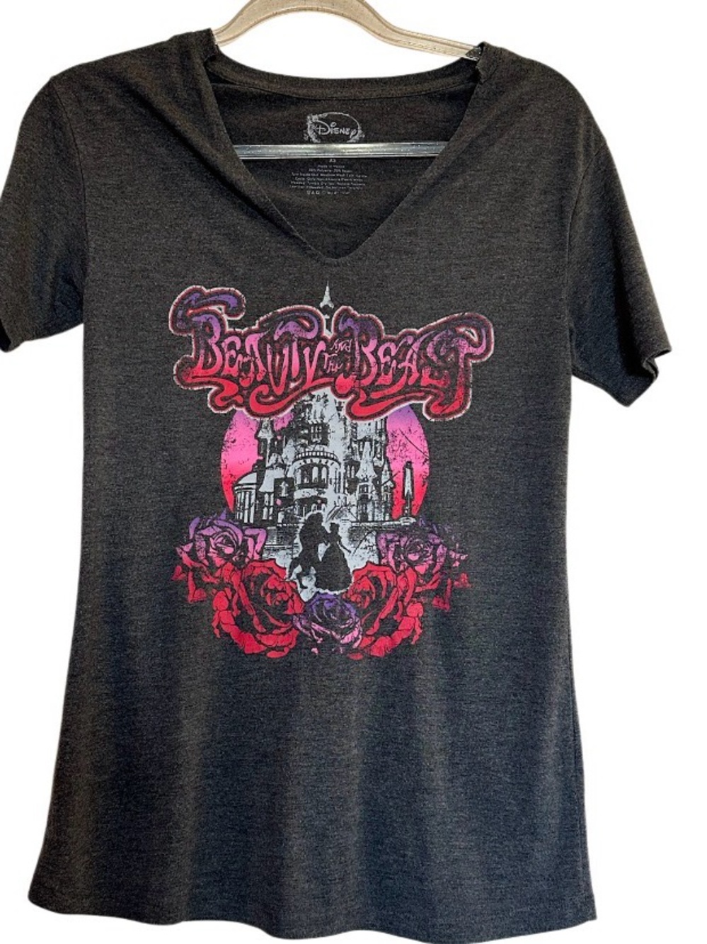Disney Black V-Neck 'Beauty and the Beast' Castle Graphic Tee women’s XS V Neck